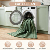 Green scalloped area rug with geometric pattern emerging from open washing machine in kitchen