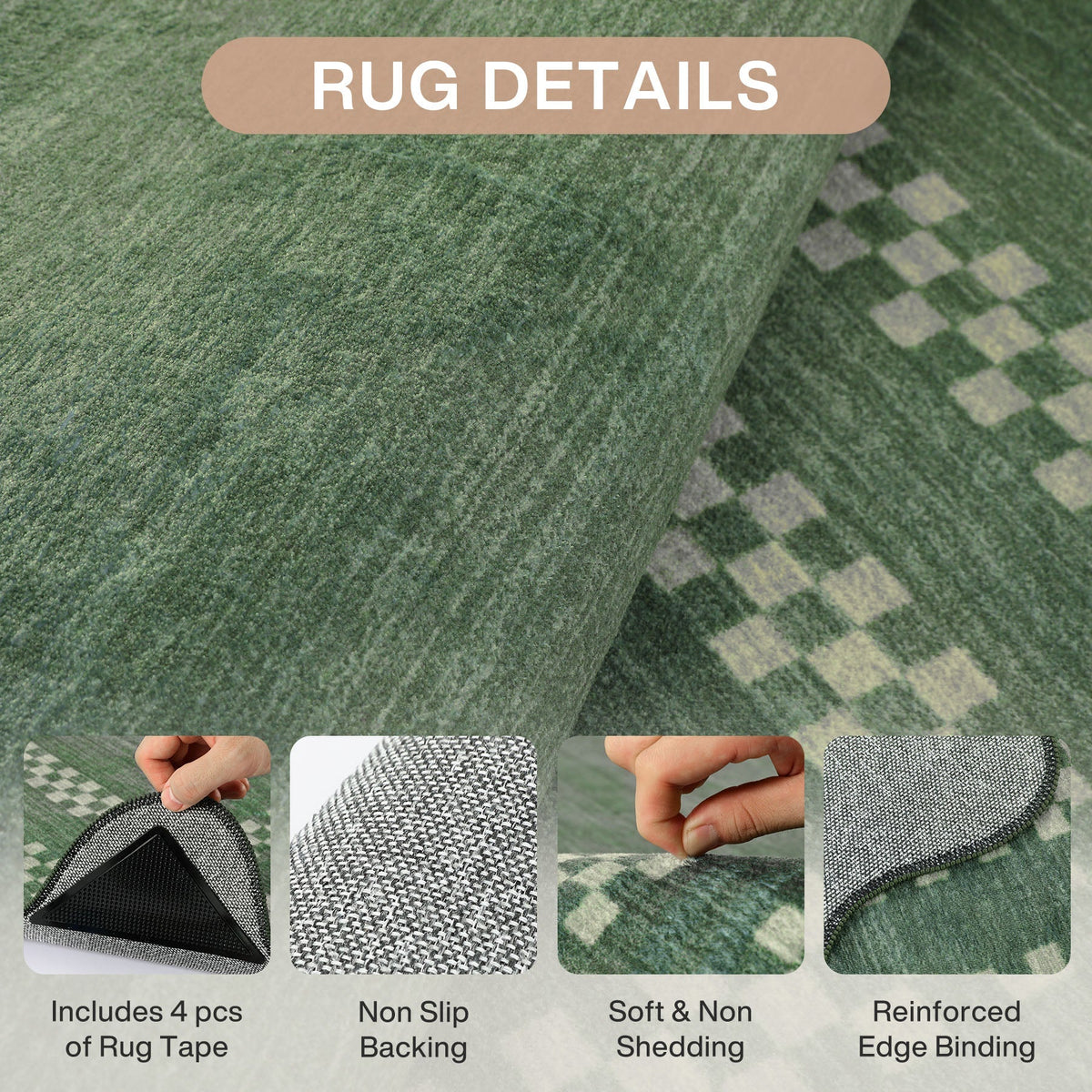 Close-up of green scolloped geometric rug showing backing, texture, and reinforced edge binding