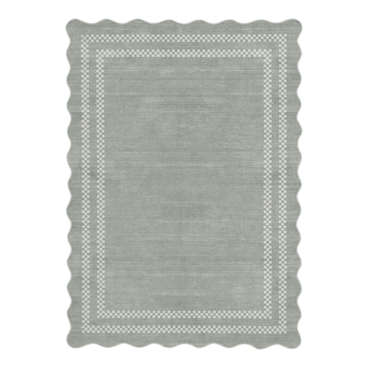 Scalloped gray area rug with white checkered border, shown flat on floor