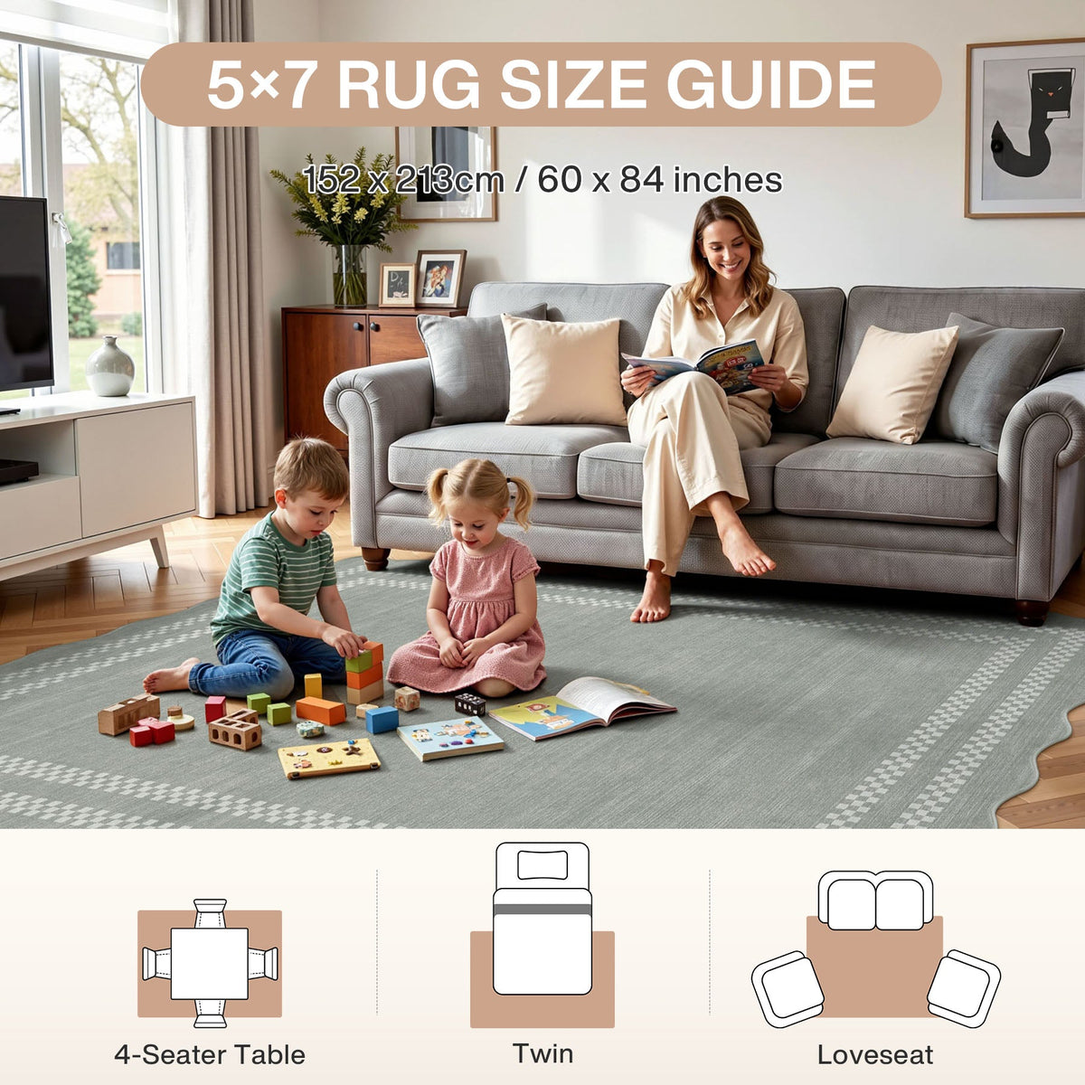 A 5x7 foot grey geometric rug in a living room with a family playing on it