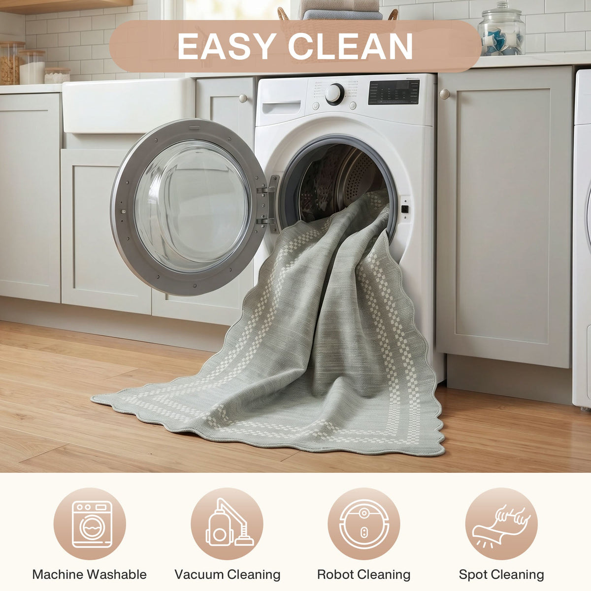 Light grey scalloped rug with geometric pattern being pulled from a washing machine in a kitchen