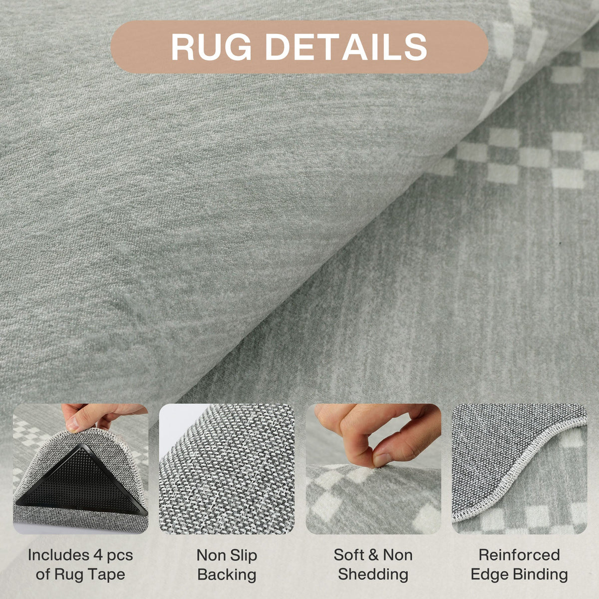 Grey scalloped geometric rug with close-up details of non-slip backing, soft texture, and reinforced edge binding