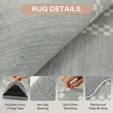 Grey scalloped geometric rug with close-up details of non-slip backing, soft texture, and reinforced edge binding