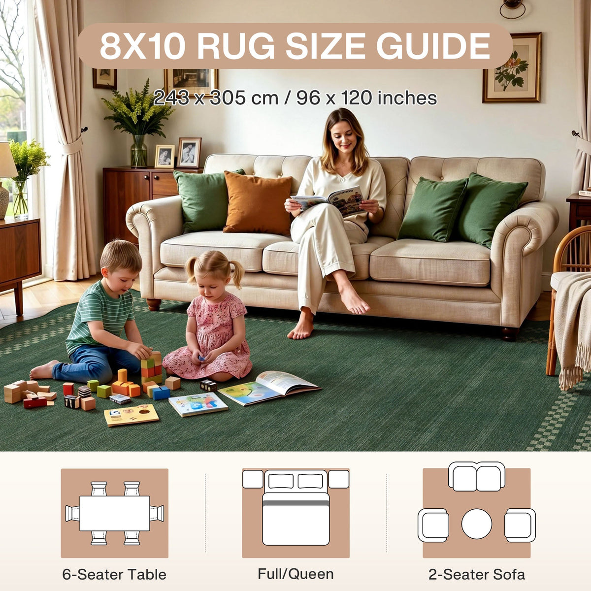 Green scalloped geometric rug in living room with children playing and woman reading on sofa, 8x10 size guide shown