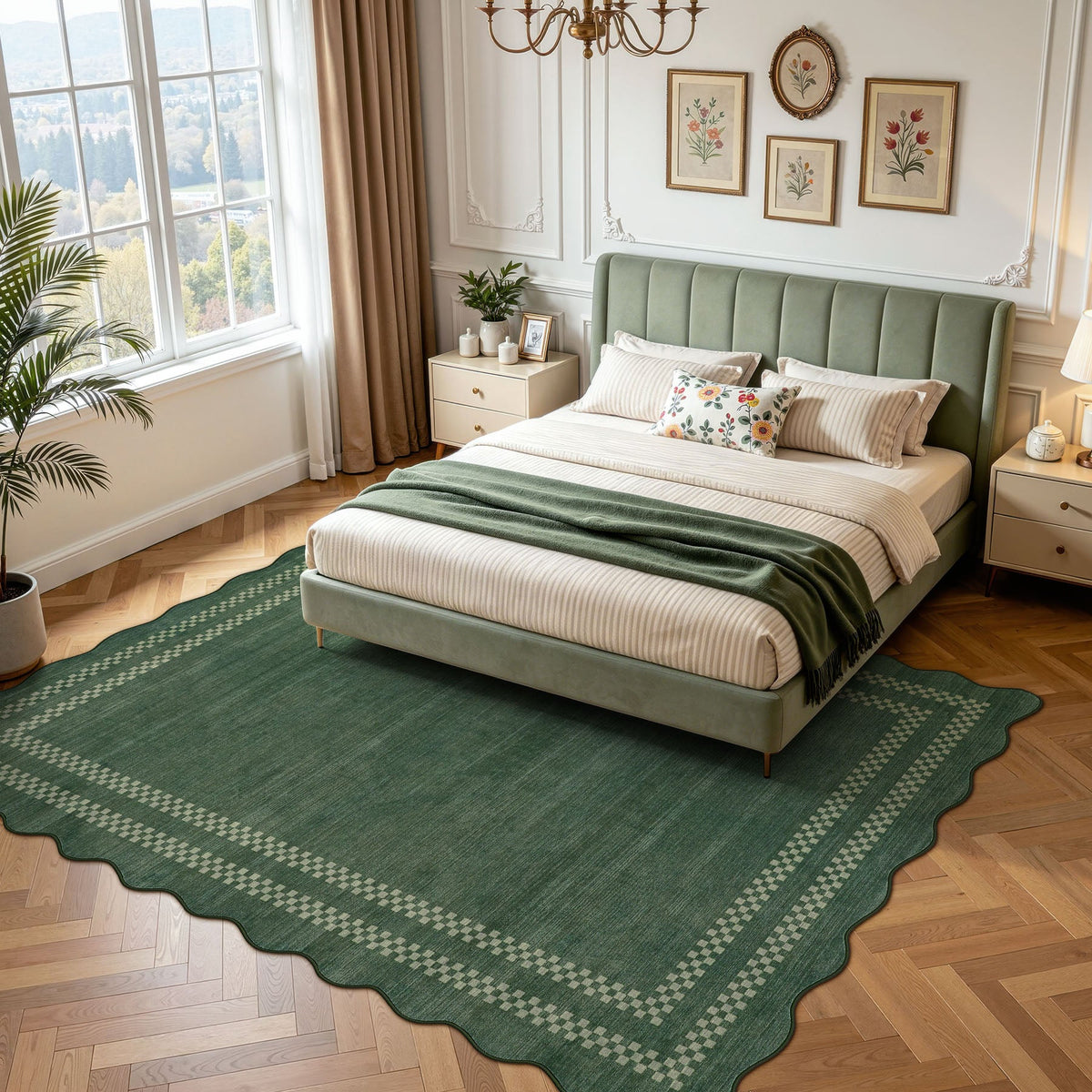 Scalloped green area rug with geometric border on wooden floor in bedroom