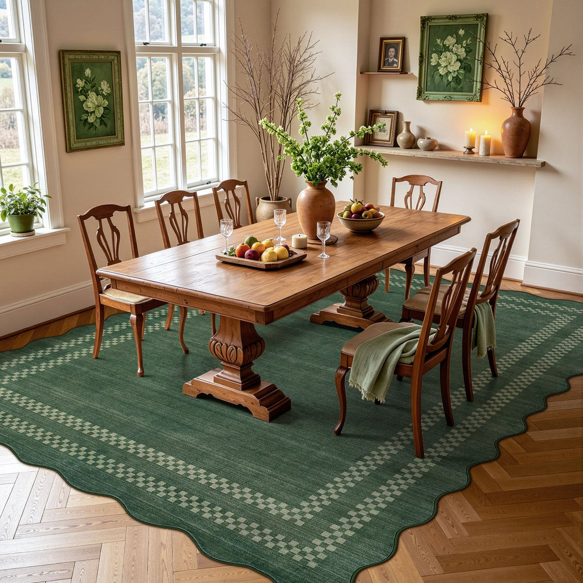 Scalloped green area rug with white geometric pattern on wooden floor in dining room