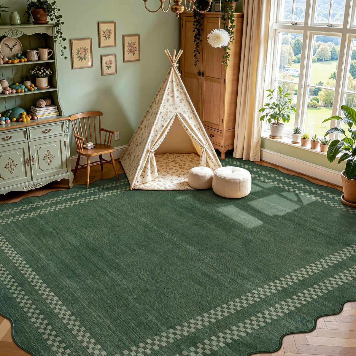 Scalloped green area rug with cream geometric border in a sunlit room with teepee and furniture
