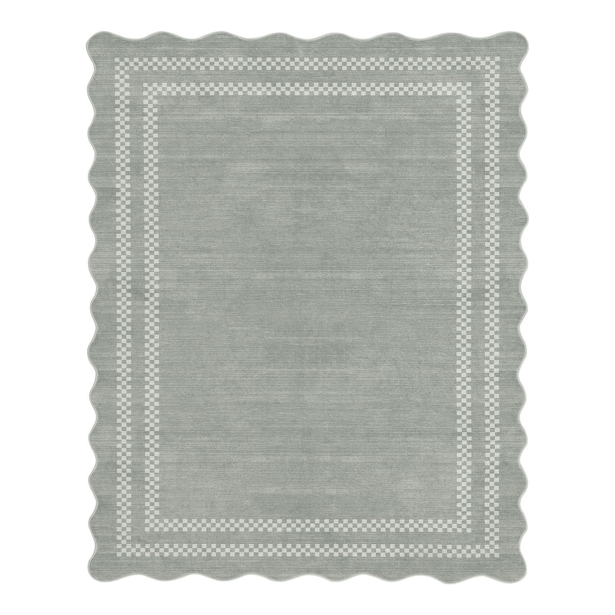 Scalloped gray area rug with white checkered border, viewed from above