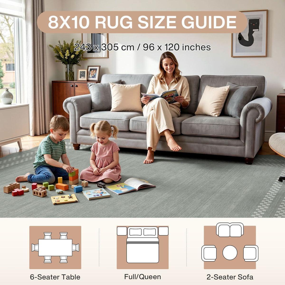 Grey scalloped geometric rug in living room with woman and children playing, 8x10 size guide shown