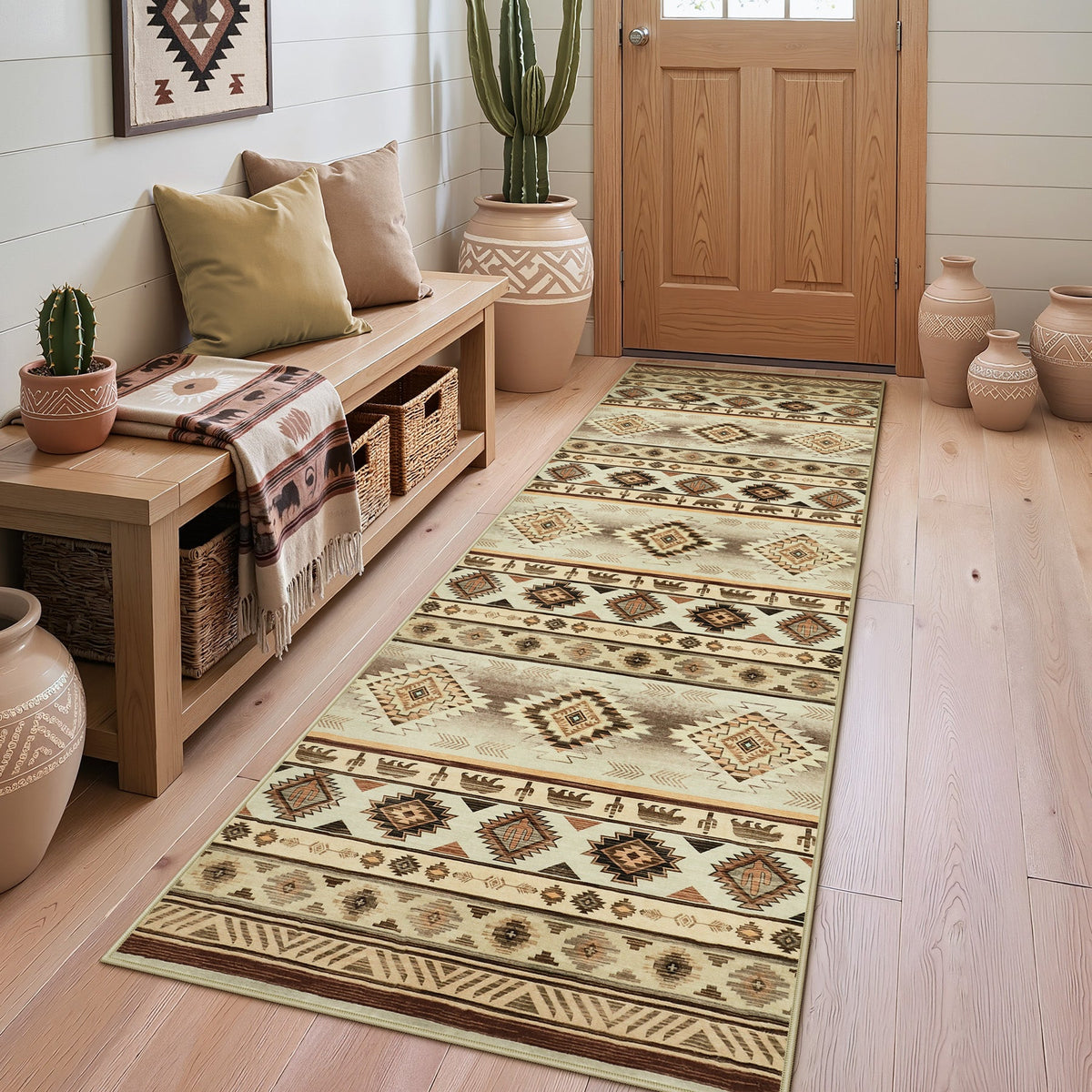 Southwestern patterned runner rug in beige and brown on light wood floor near wooden door
