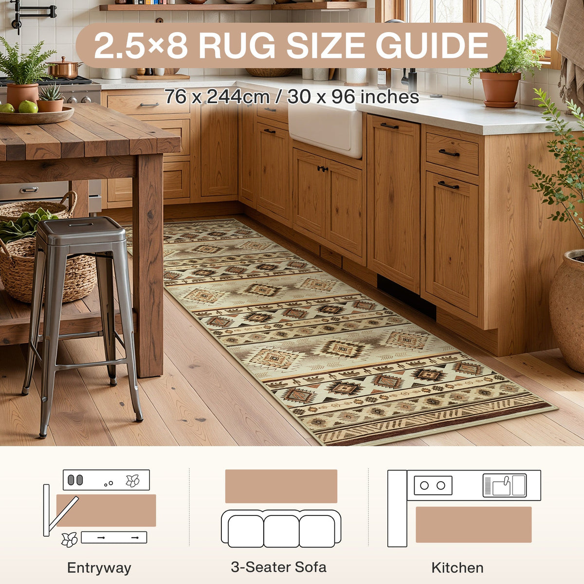 Southwestern patterned runner rug, 76 x 244cm, shown in kitchen with wooden cabinets and bar stool
