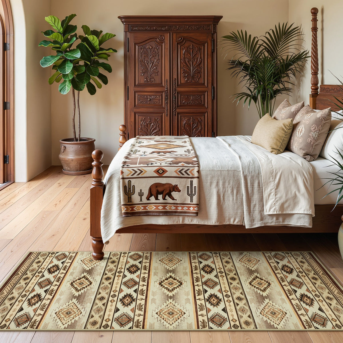 Southwestern patterned area rug in beige and brown tones on wooden floor in bedroom setting