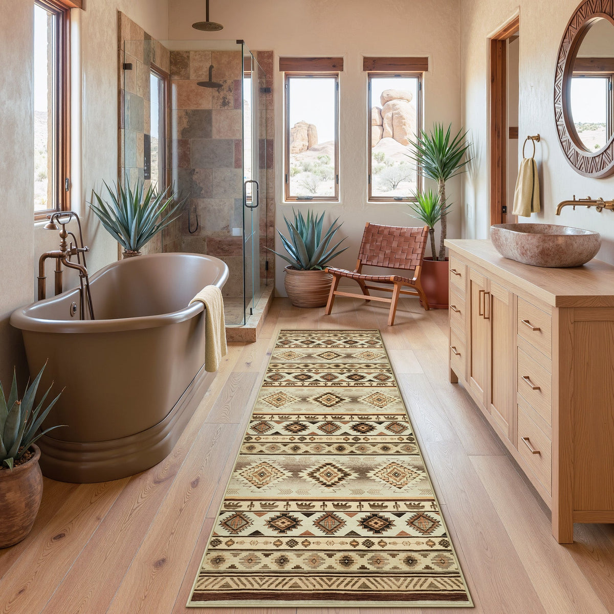Southwestern patterned runner rug in beige and brown on wooden floor in bathroom