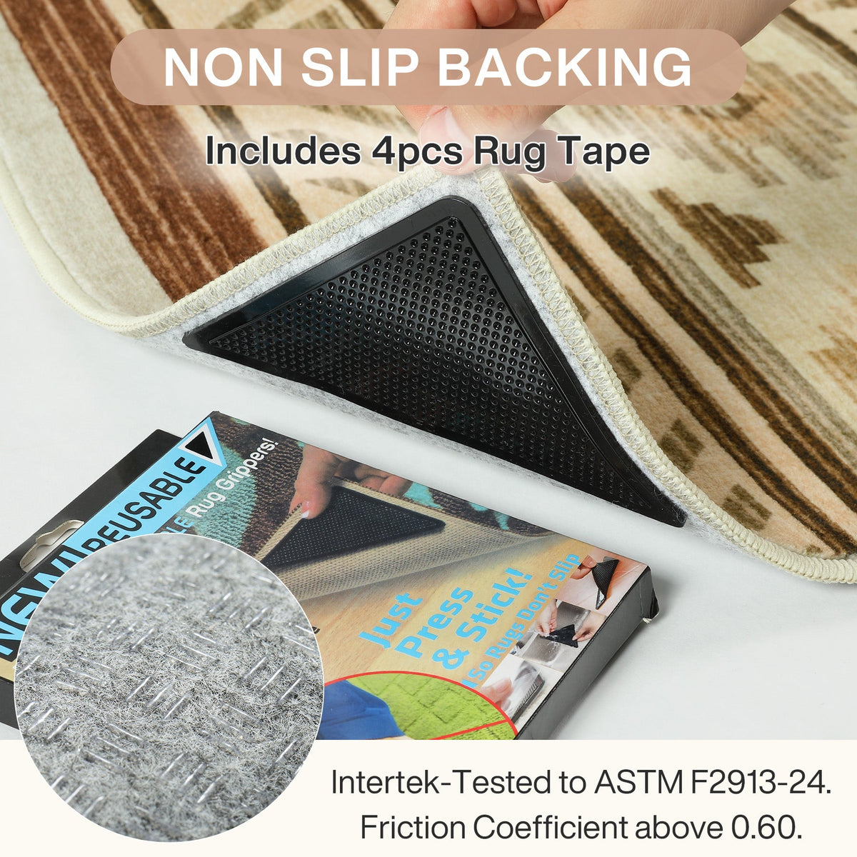 Close-up of rug's non-slip backing with included rug tape, showing textured adhesive surface