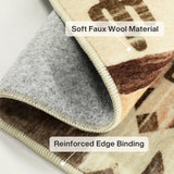 Close-up of Southwestern rug corner showing soft faux wool material and reinforced edge binding