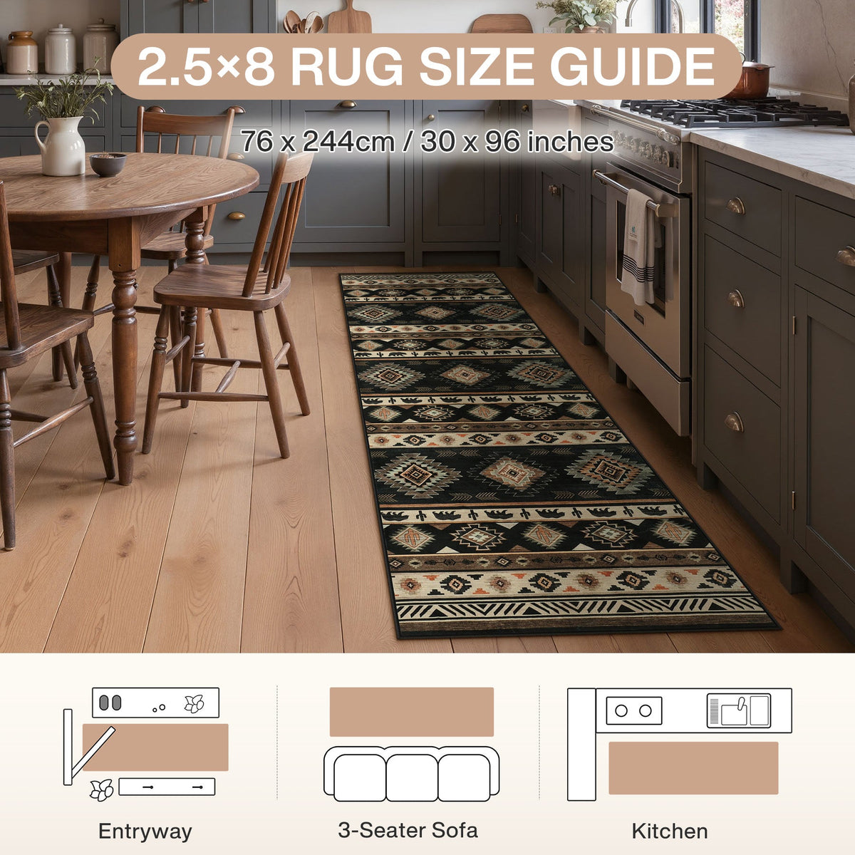 Southwestern Area Rug and Runner Rug, Washable Non Slip Hallway Kitchen Bathroom Rug