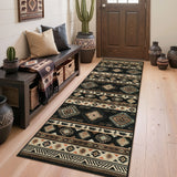 Black and beige southwestern patterned runner rug on light wood floor near door and bench