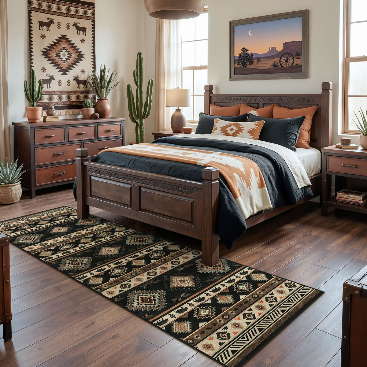 Southwestern patterned runner rug in black, beige, and brown on hardwood floor in bedroom