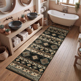 Black and beige southwestern patterned runner rug on wooden floor in bathroom