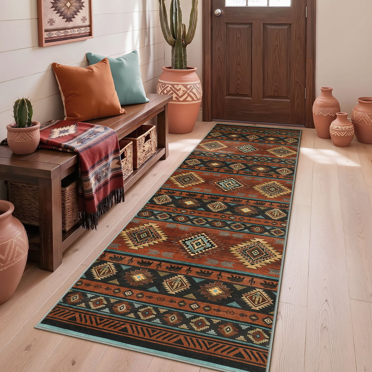 Southwestern patterned runner rug in earth tones on light wood floor near wooden door and bench
