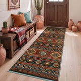 Southwestern patterned runner rug in earth tones on light wood floor near wooden door and bench