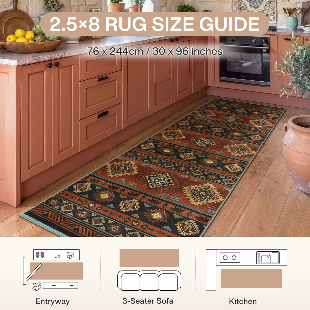 Southwestern patterned runner rug, 2.5 x 8 feet, in kitchen with wooden floors and cabinets