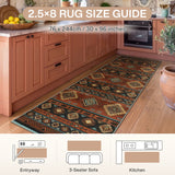 Southwestern patterned runner rug, 2.5 x 8 feet, in kitchen with wooden floors and cabinets