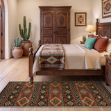 Southwestern patterned area rug in brown, teal, and cream on wooden floor in bedroom