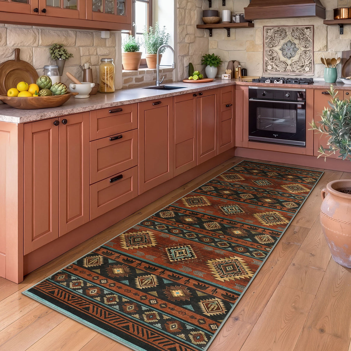 Southwestern patterned runner rug in earth tones on wooden floor in kitchen