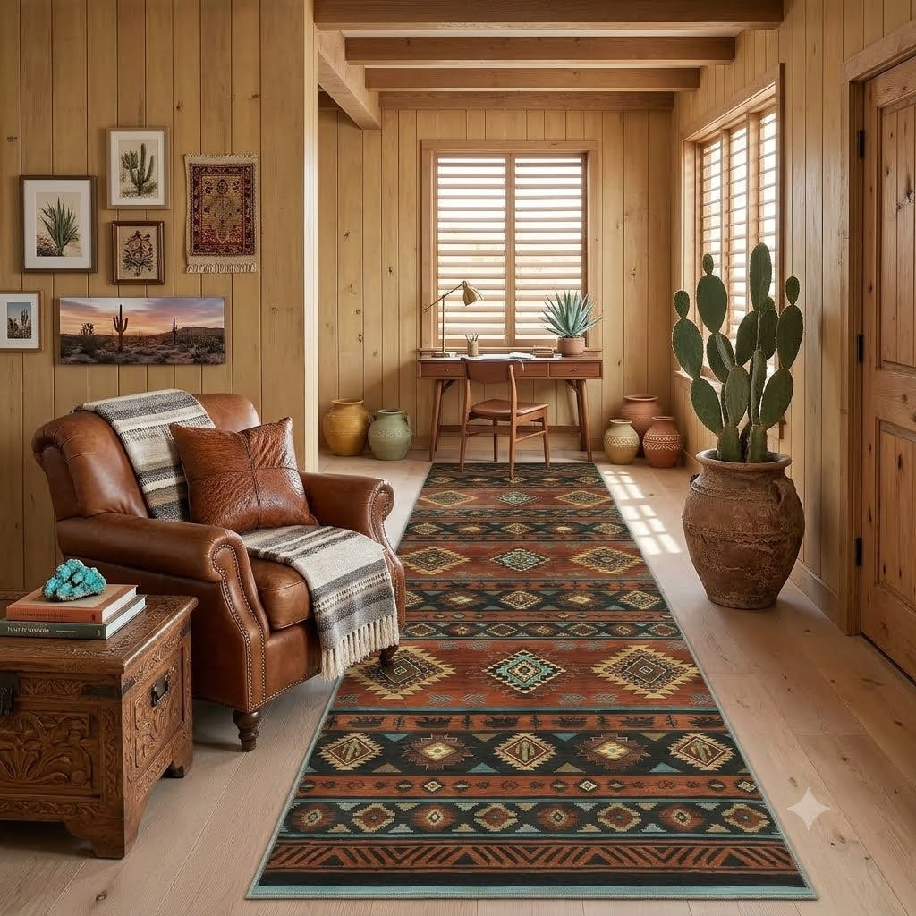 Southwestern patterned runner rug in earth tones on wooden floor in rustic living room