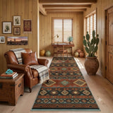 Southwestern patterned runner rug in earth tones on wooden floor in rustic living room