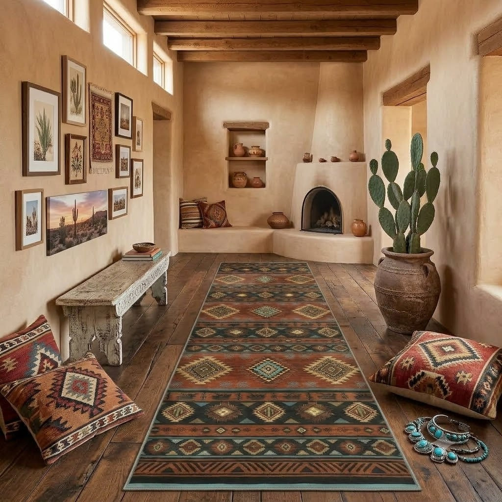 Southwestern patterned runner rug in earth tones on wooden floor in rustic room