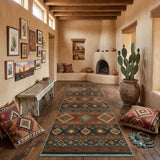 Southwestern patterned runner rug in earth tones on wooden floor in rustic room