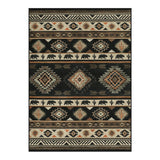 Southwestern patterned rug with black, beige, and brown geometric and cactus motifs