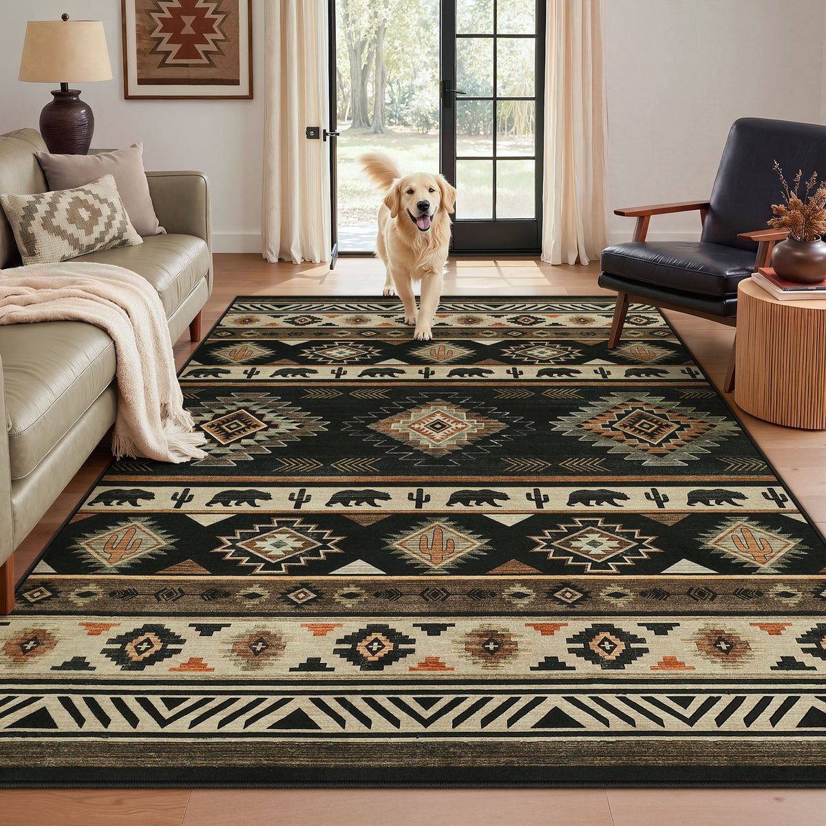 Black and beige southwestern patterned rug with cactus and bear motifs in a living room with a golden retriever