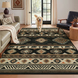 Black and beige southwestern patterned rug with cactus and bear motifs in a living room with a golden retriever