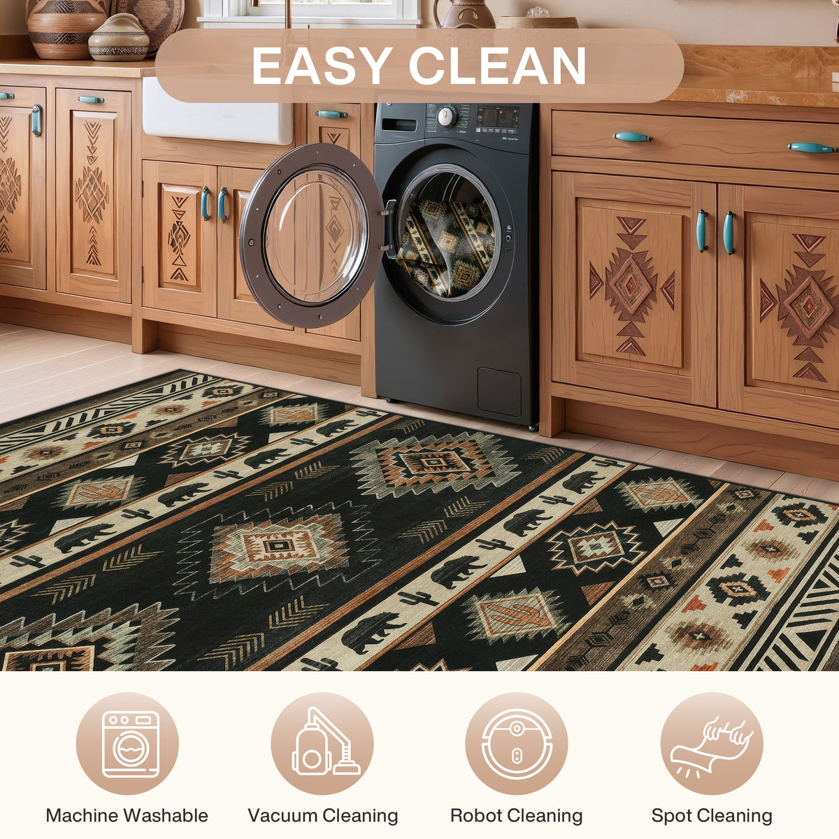 Black and beige southwestern patterned rug on wooden floor in laundry room with washing machine