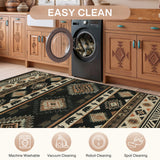 Black and beige southwestern patterned rug on wooden floor in laundry room with washing machine