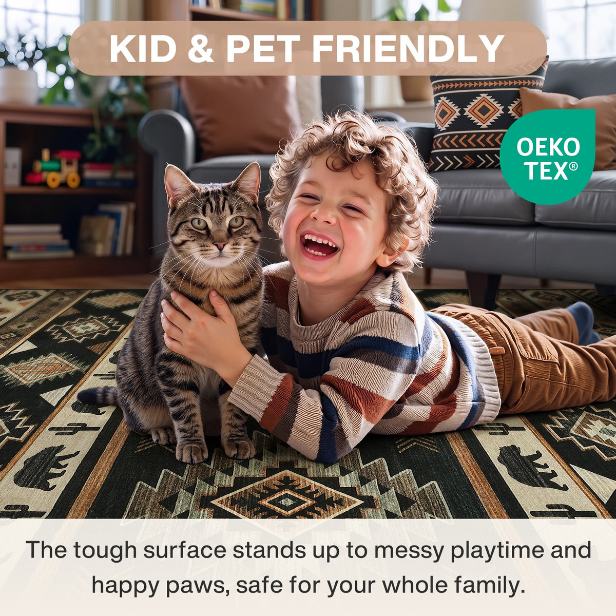 Child and cat on a southwestern patterned rug with geometric and animal motifs