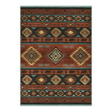 Southwestern patterned rug with brown, teal, and black geometric designs, shown flat