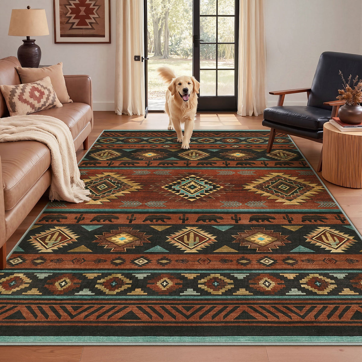 Southwestern patterned rug in earth tones on hardwood floor with golden retriever walking on it