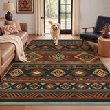 Southwestern patterned rug in earth tones on hardwood floor with golden retriever walking on it