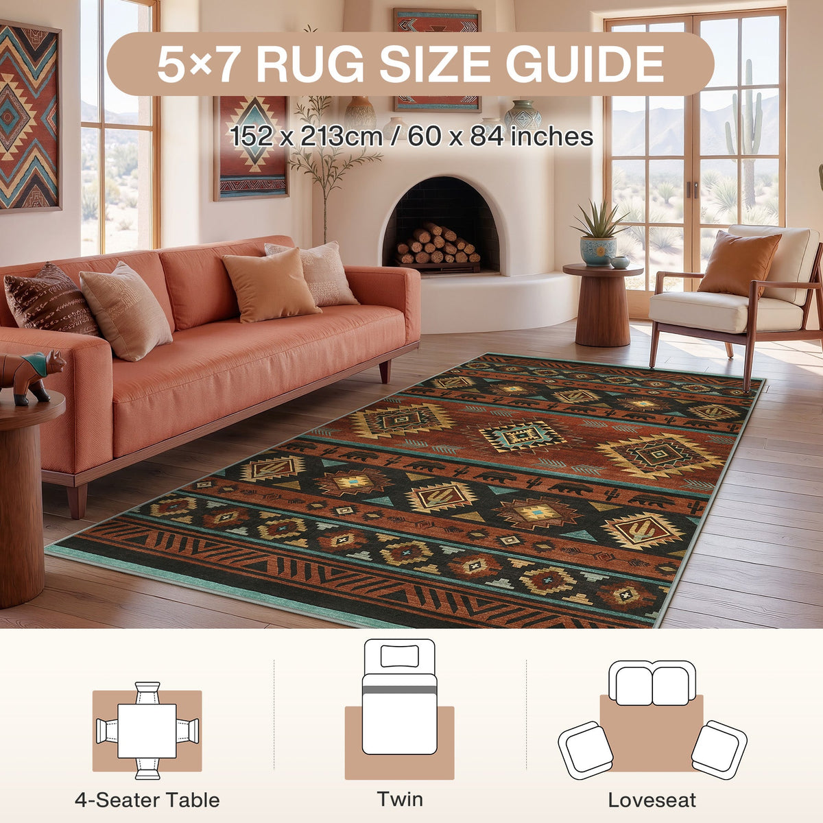 5x7 southwestern pattern rug in brown and teal, shown in a living room with sofa and fireplace, dimensions 152 x 213cm