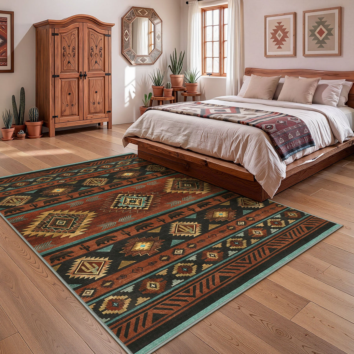 Southwestern patterned area rug in earth tones on wooden floor in bedroom setting