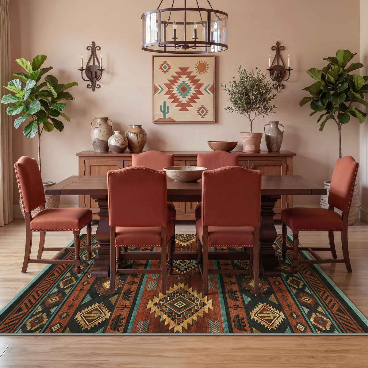 Southwestern patterned area rug in earth tones on wooden floor in dining room