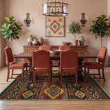 Southwestern patterned area rug in earth tones on wooden floor in dining room