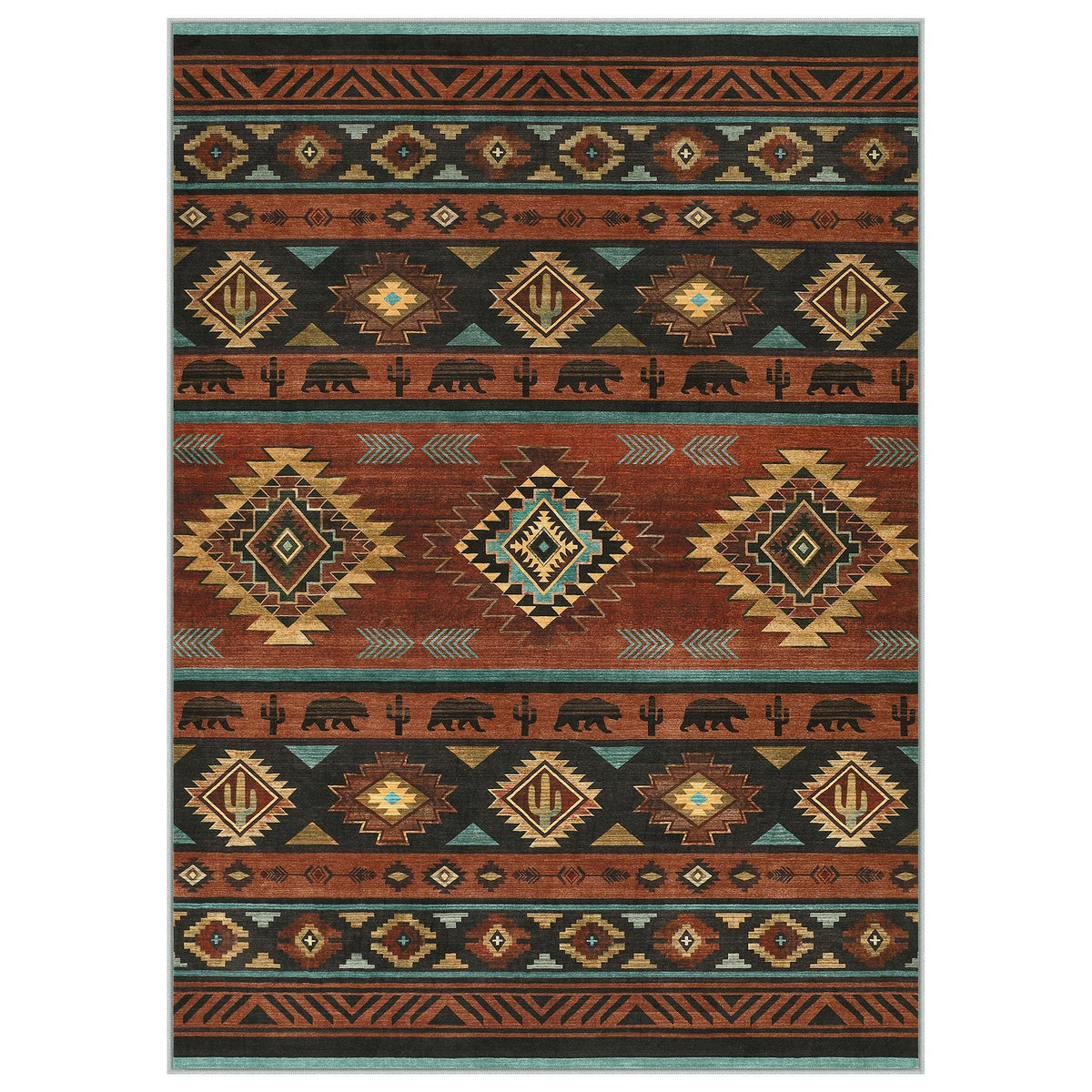 Southwestern patterned rug in black, beige, and orange with diamond and bear motifs, shown flat, no setting