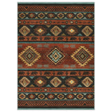 Southwestern patterned rug in black, beige, and orange with diamond and bear motifs, shown flat, no setting