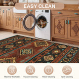 Southwestern patterned rug in brown, black, and teal on wooden floor near washing machine
