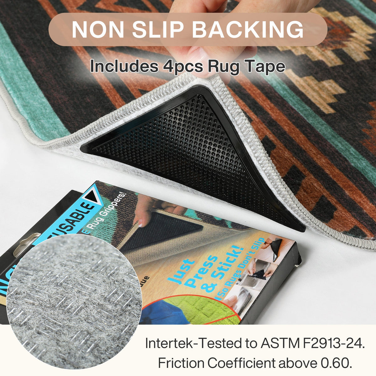 Close-up of southwestern patterned rug with non-slip backing and included rug tape
